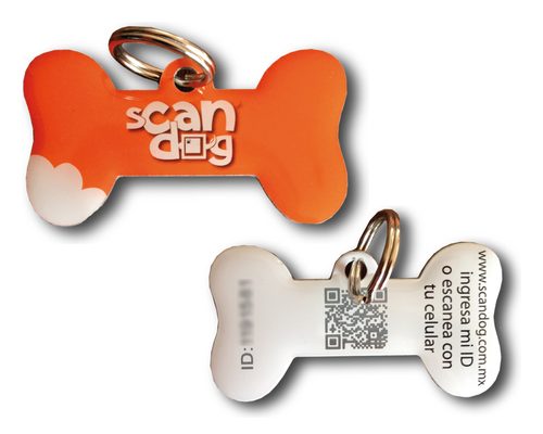 Placa Huesito: en forma de hueso, naranja con el logo de Scandog; al reverso, blanca con el código QR