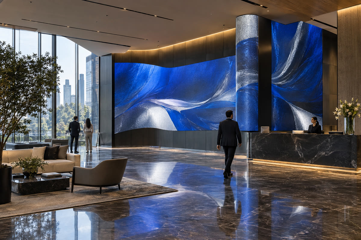 Muro LED a medida integrado en la arquitectura de un lobby corporativo
