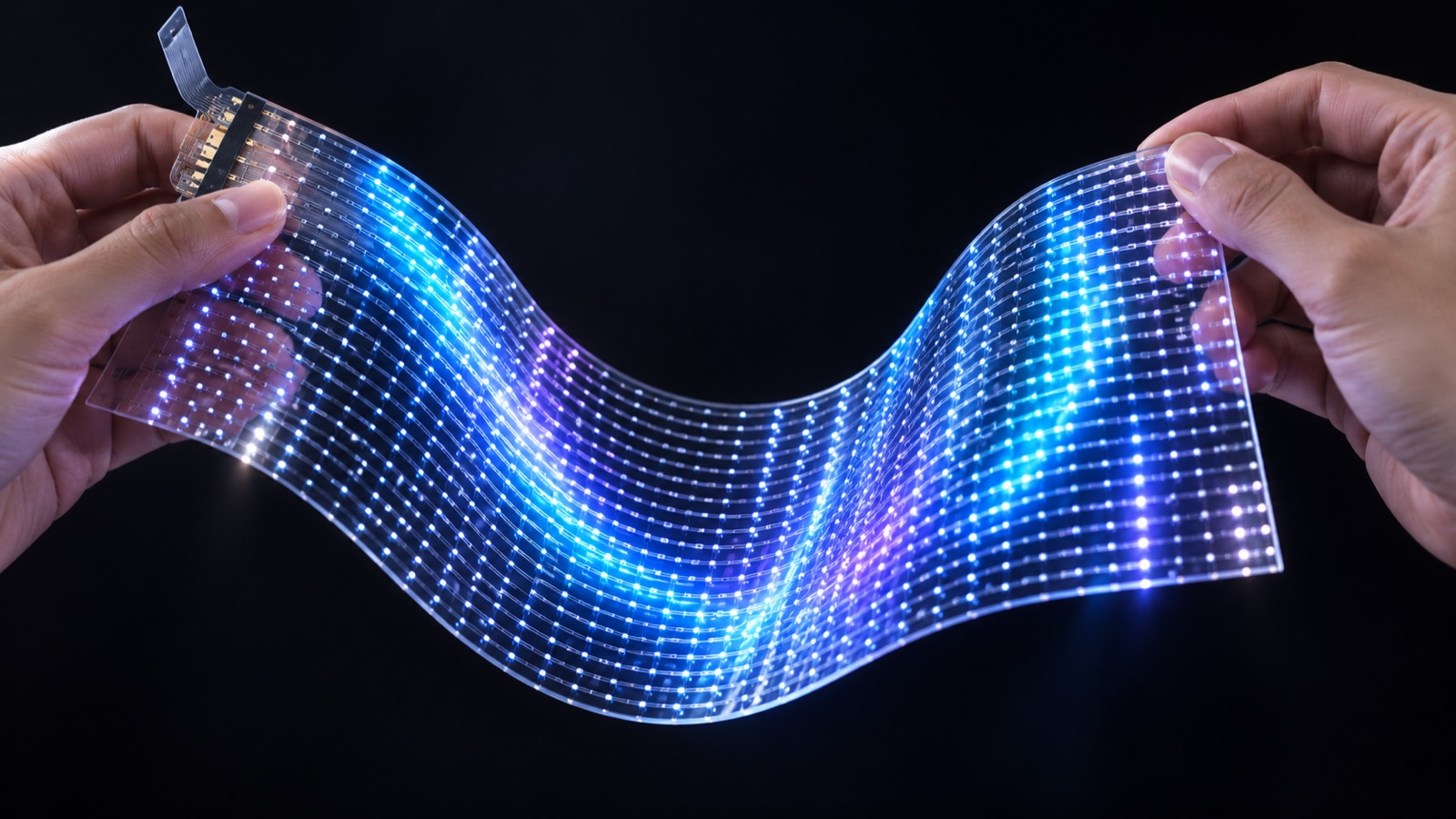 Dos manos sosteniendo y curvando la película LED transparente encendida